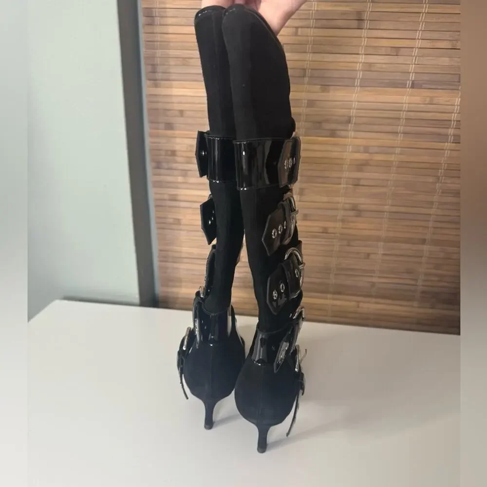Jeffrey Campbell Seatbelt Black Suede Black Patent Buckle Heel Boots
